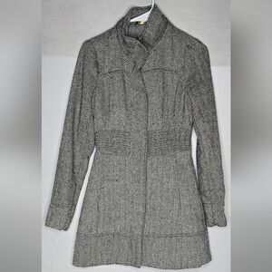 Women's Black and White Bee Stitched Herringbone Tweed Coat Small